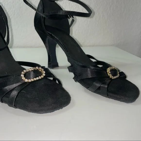 Very Fine Ballroom Salsa Dance Heels - Black Satin with Gold Embellish- Size 7.5 - Picture 3 of 5